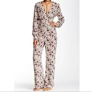 Free People Womens Some Like It Hot Jumpsuit 6 Beige Floral Long Sleeve Deep V